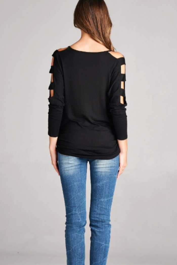 Strap Detail Long Sleeve Top in Black