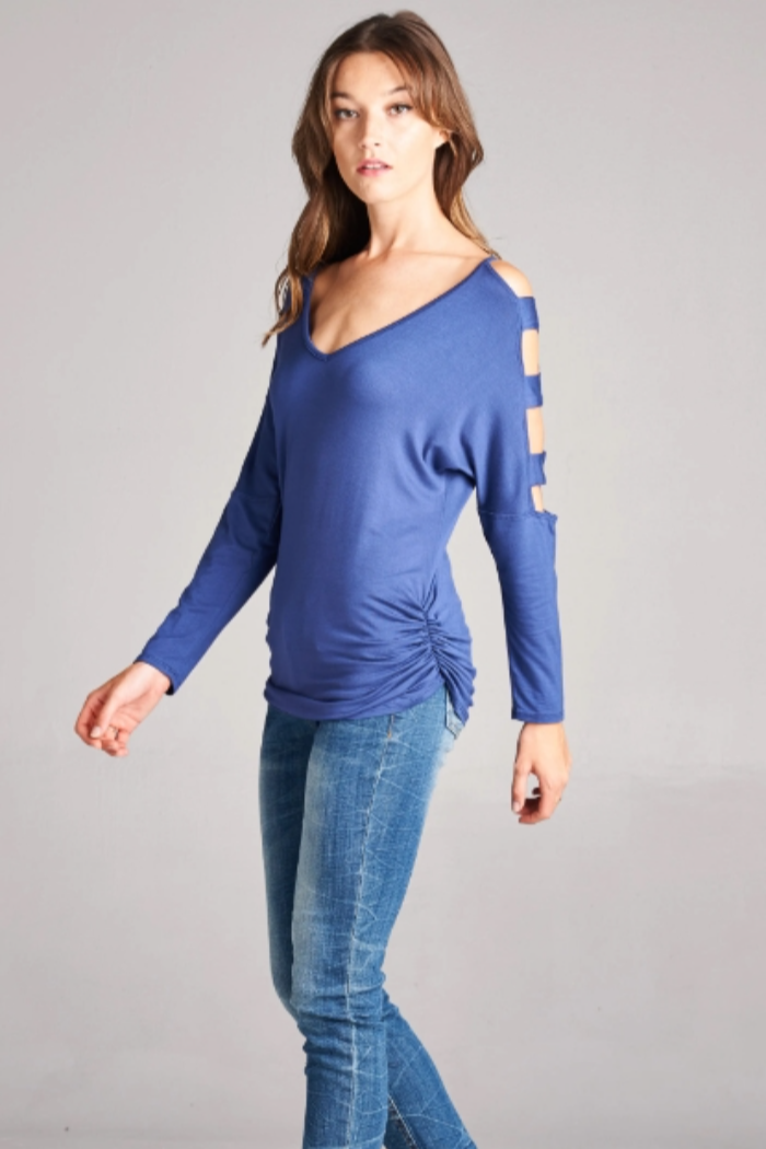 Strap Detail Long Sleeve Top in Indigo