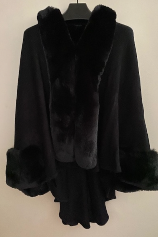 Elegant Faux Fur Trimmed Black Poncho/Cape