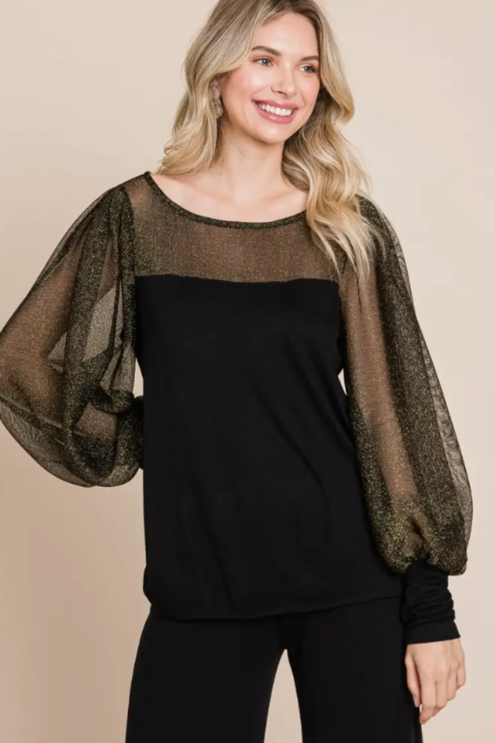 Dressy Black Knit Gold Mesh Top
