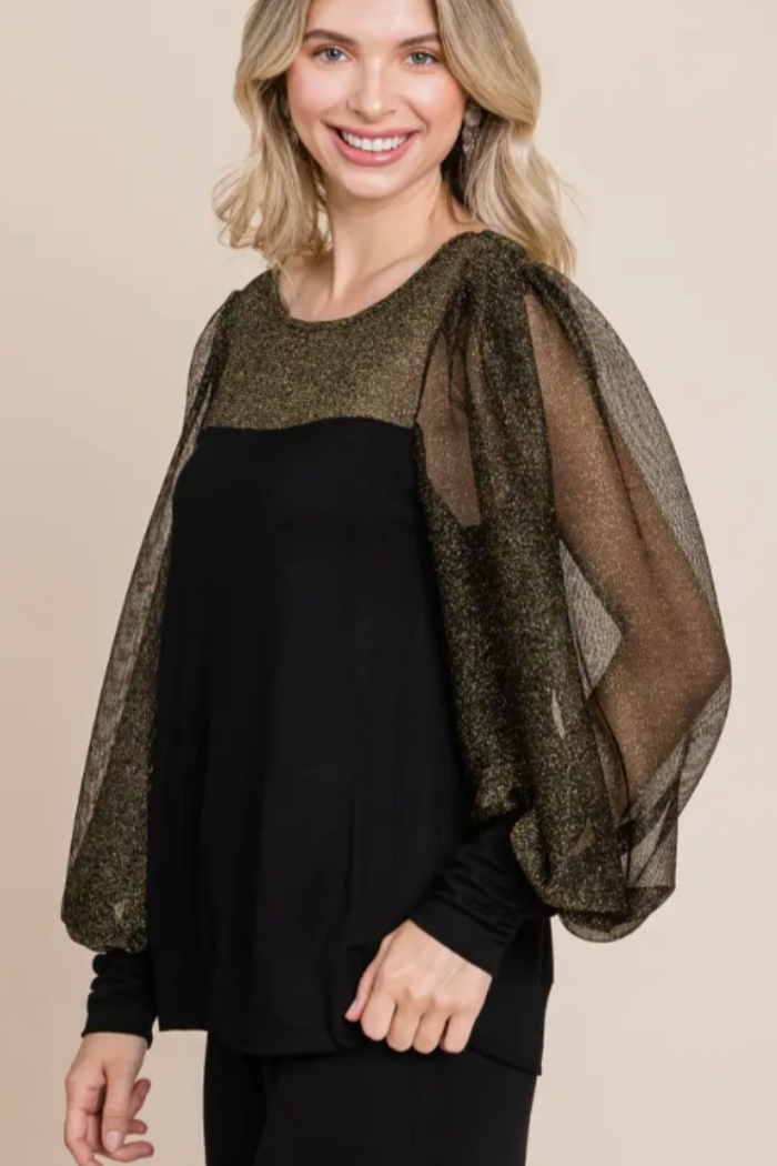 Dressy Black Knit Gold Mesh Top