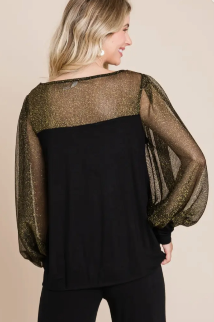 Dressy Black Knit Gold Mesh Top