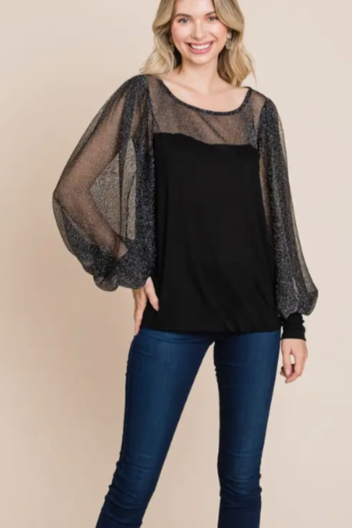 Dressy Black Knit Silver Mesh Top
