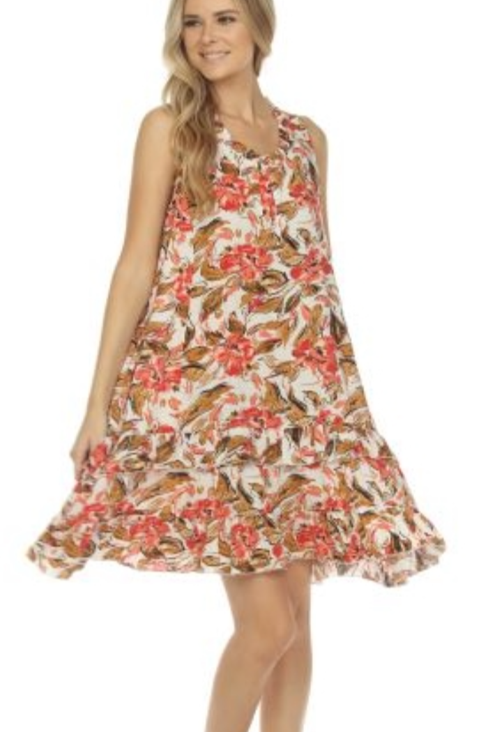 Ruffle Trimmed Sleeveless Dress - Floral on White