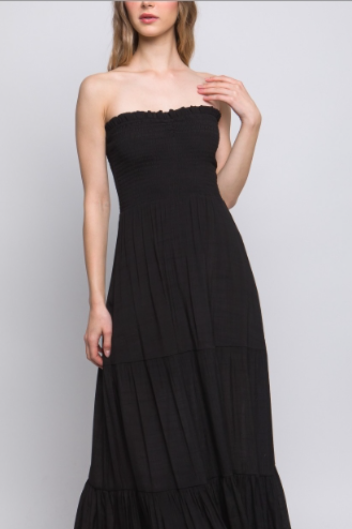 Smock Top Long Tiered Dress in Black