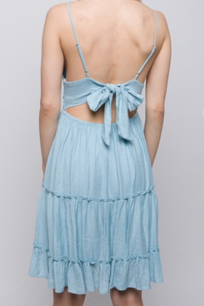 Lace Design Tiered Short Dress in Sky Blue