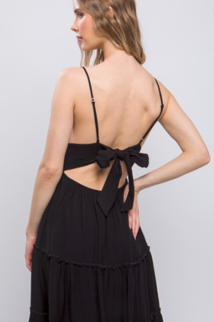 Lace Design Tiered Maxi Dress in Black