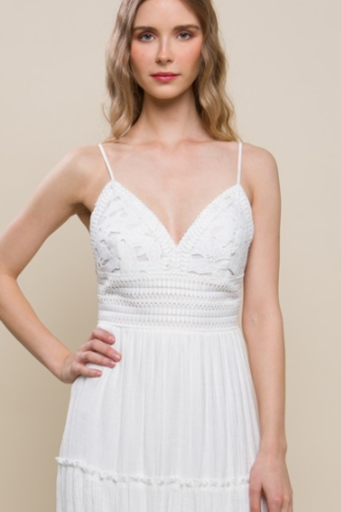 Lace Design Tiered Short Dress in White