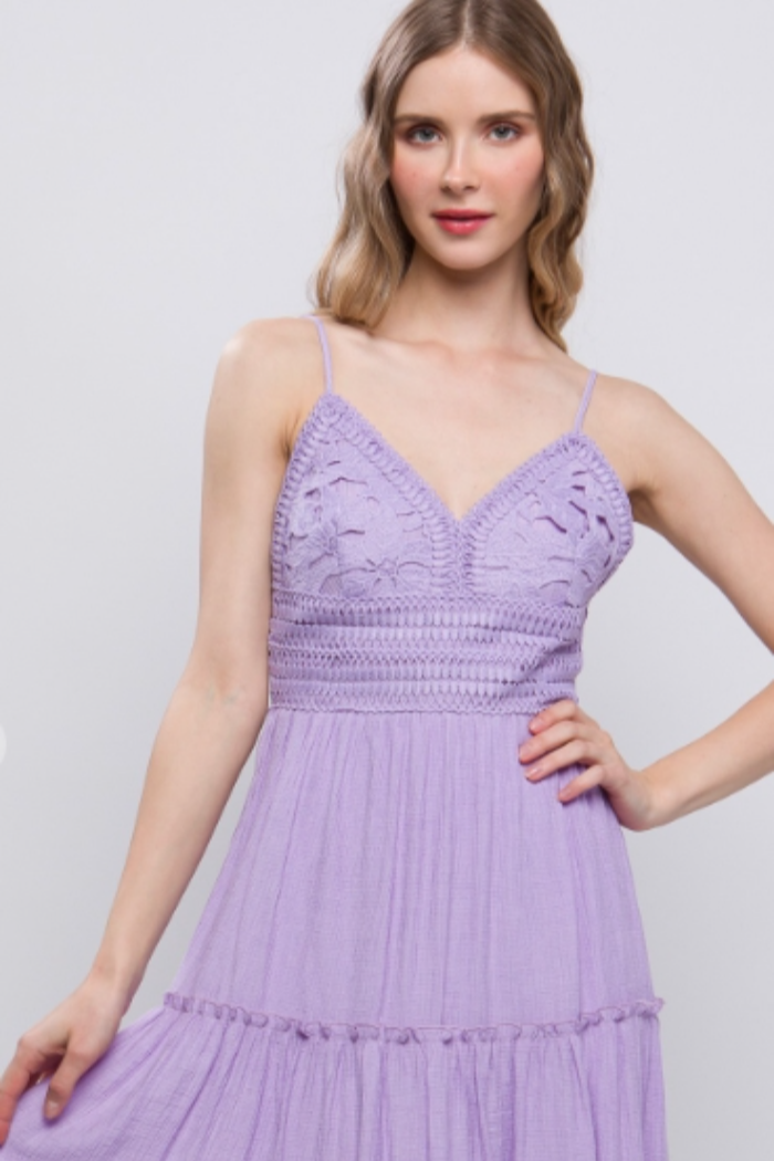 Lace Design Tiered Short Dress in Lavendar