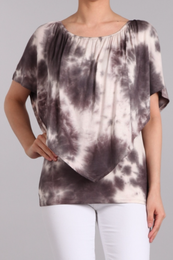 Convertible Neckline Top - Brown/Gray Tie Dye