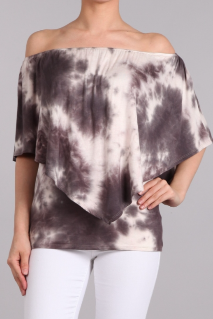 Convertible Neckline Top - Brown/Gray Tie Dye