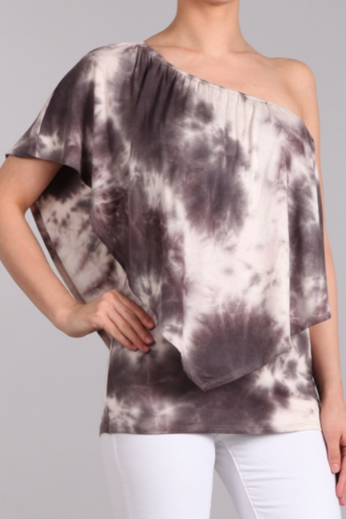 Convertible Neckline Top - Brown/Gray Tie Dye