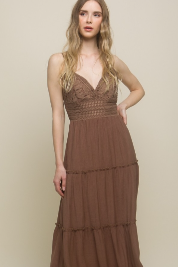 Lace Design Tiered Maxi Dress in Cocoa
