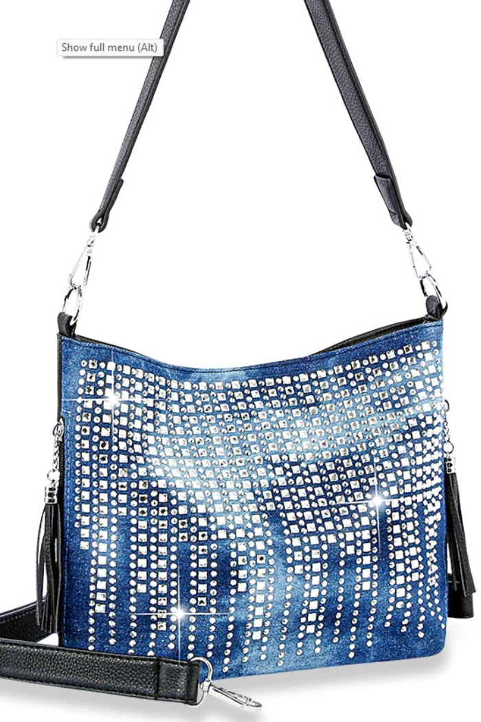 Rhinestone Waterfall Hobo Crossbody Sling in Blue Denim