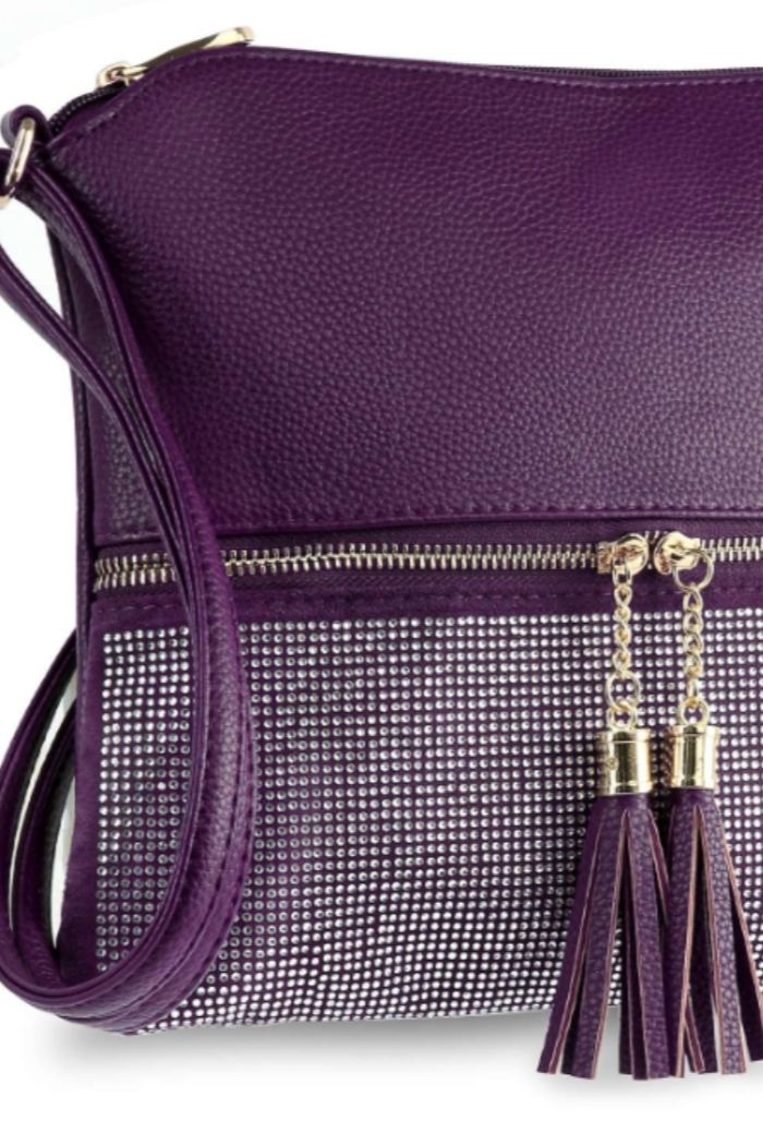 Tassel Accented Rhinestone Crossbody Sling in Purple
