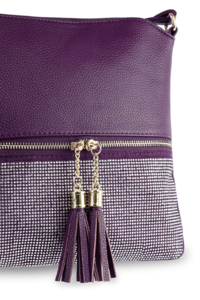 Tassel Accented Rhinestone Crossbody Sling in Purple