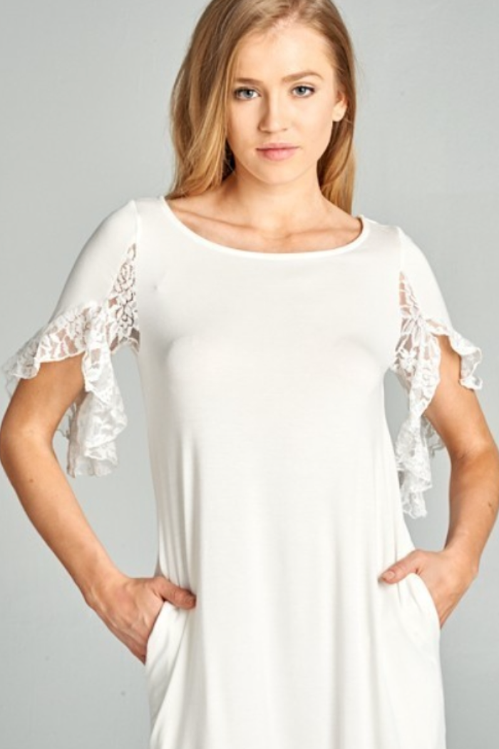 Jersey Tunic Dress with Floral Lace Detail Flutter Sleeve