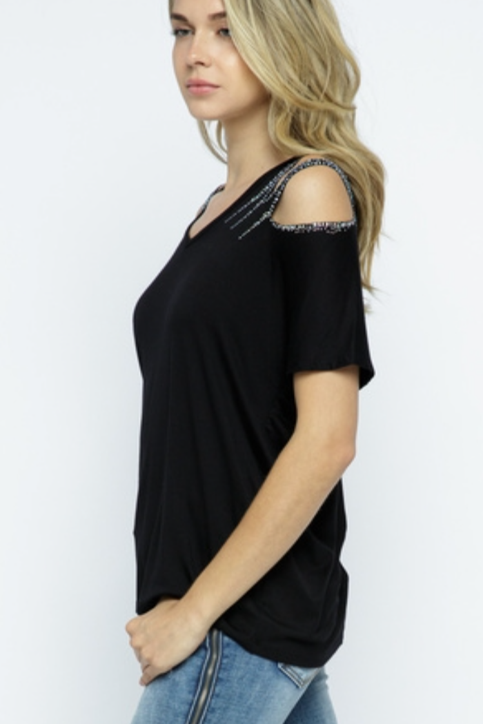 Short Sleeve Top with Laser Cut-Out Shoulder and Stone Detail