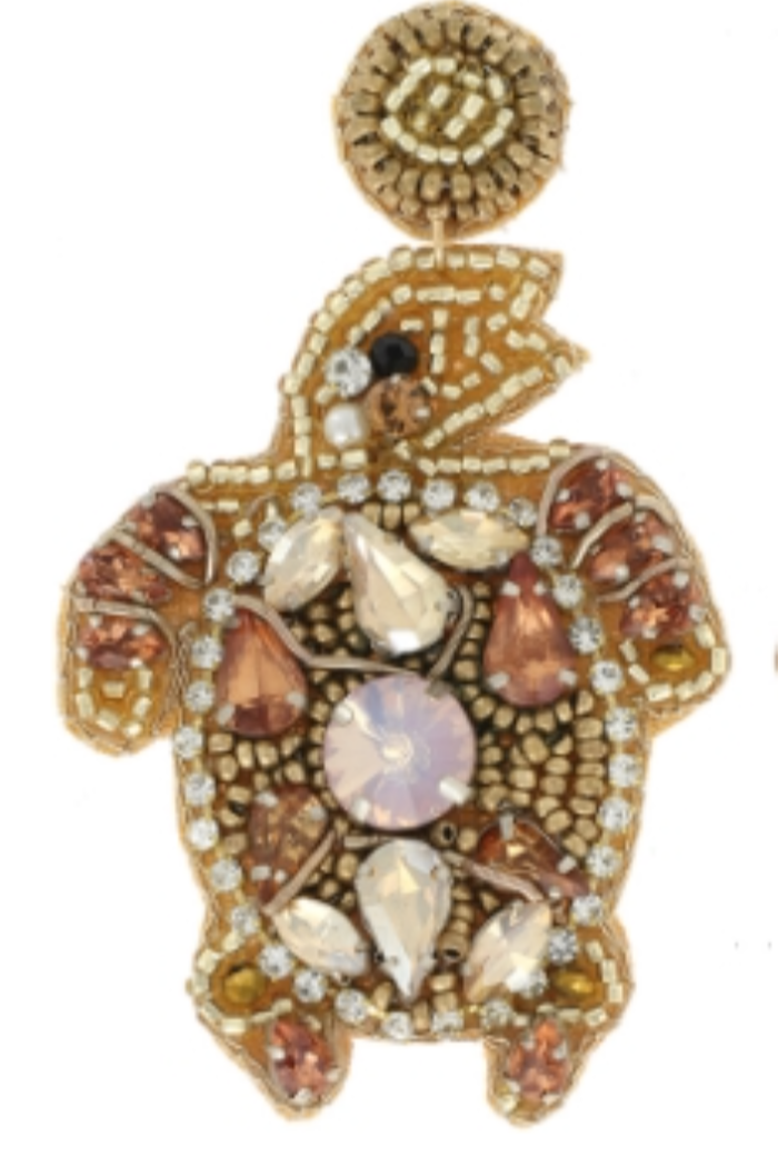 Gold Seed Beads & Bejeweled Sea Turtle Drop Post Earrings