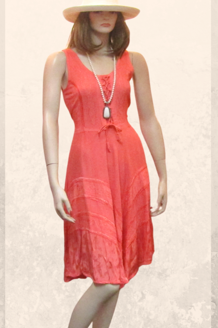 LaceUp Bodice Fit & Flare Dress in Coral