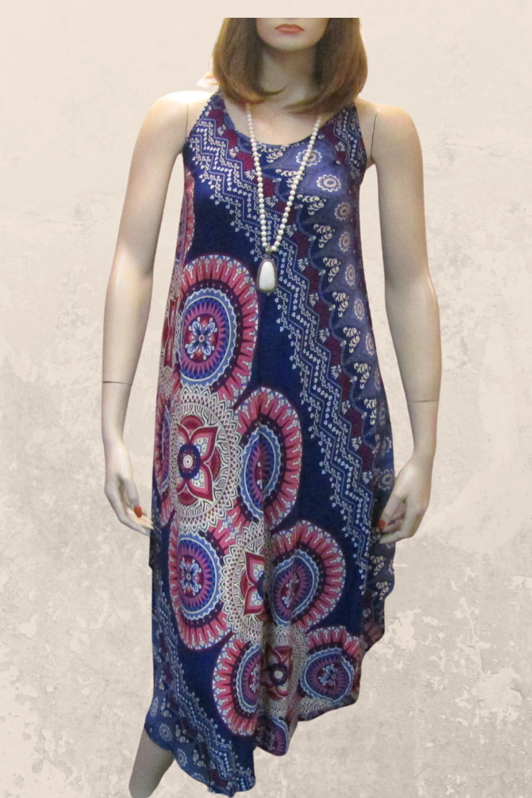 Mandala Print Sleeveless Dress - Blue/Red