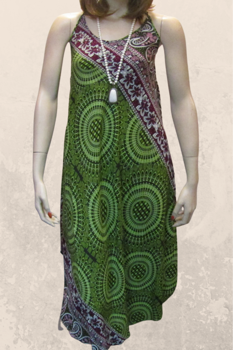 Mandala Print Sleeveless Midi Dress - Green/Cranberry