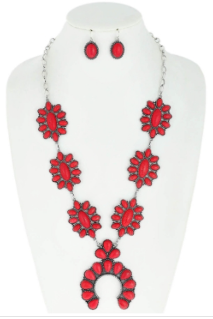 Squash Blossom Necklace Set in Red Cabochon