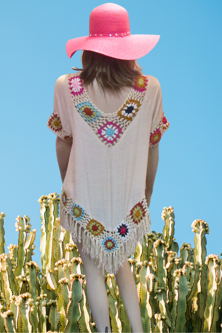 Fringed Tunic Top with Multi-Color Crochet Trim - Beige
