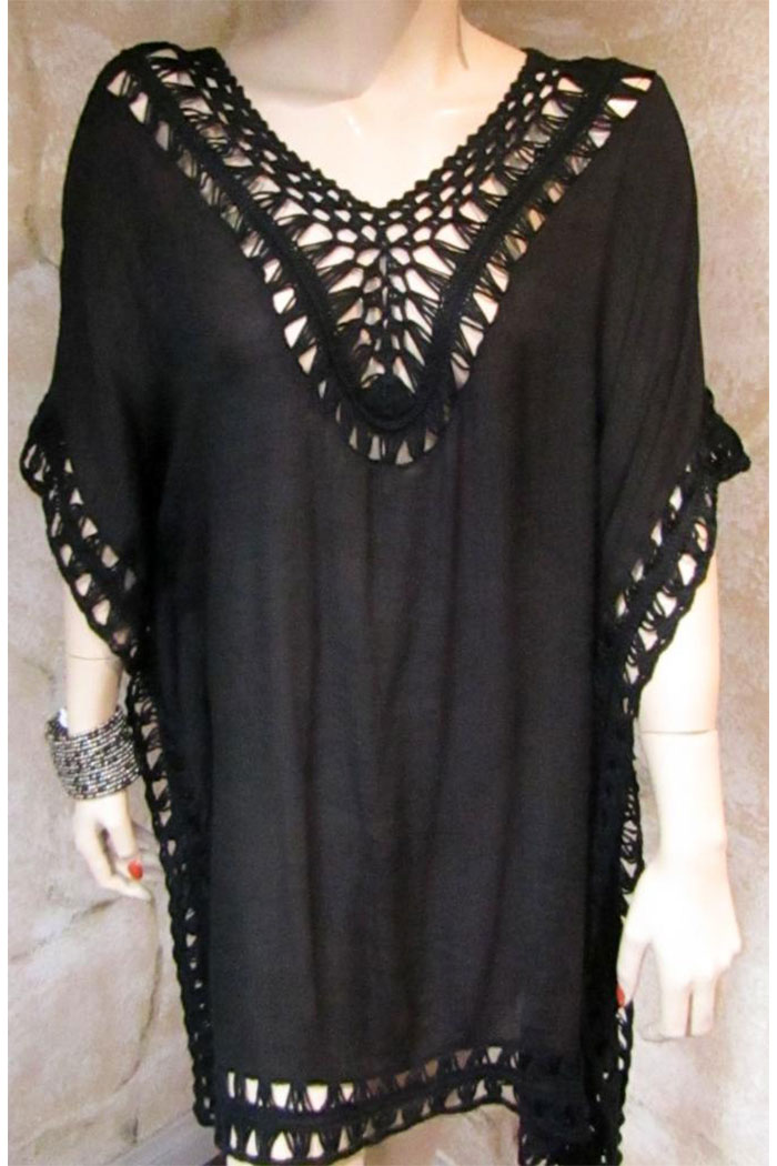 Black Crochet Trimmed Poncho