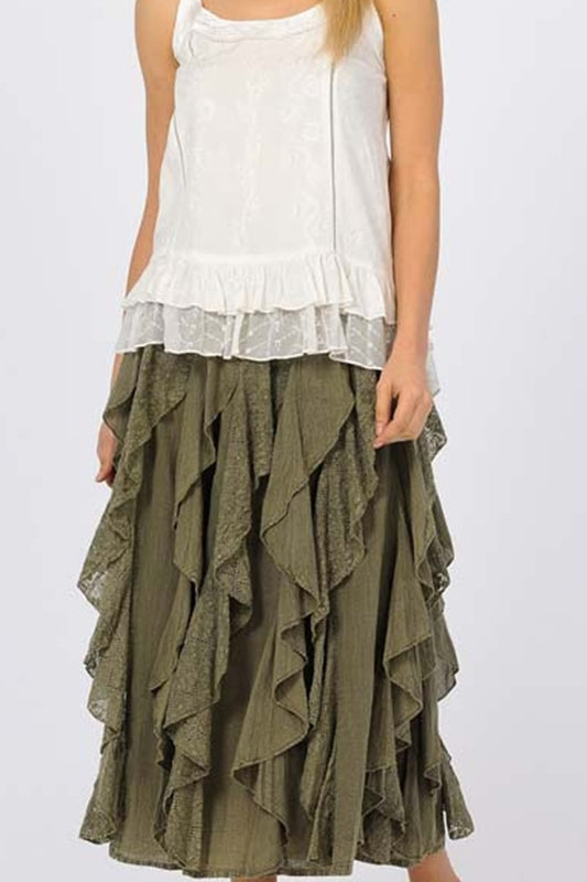 RUFFLED LONG OLIVE SKIRT