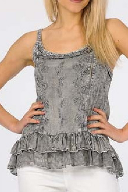 Embroidered Sand Wash Tank Top - Grey