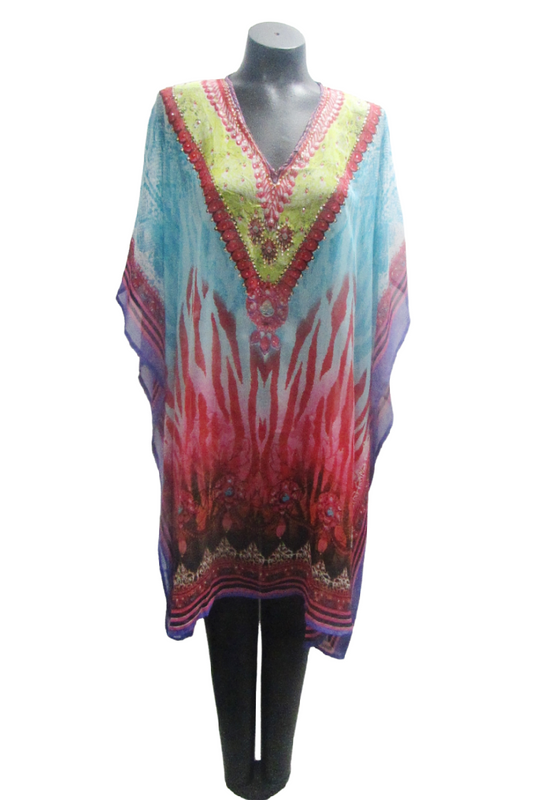 Beaded Kaftan in Turquoise Multi Print