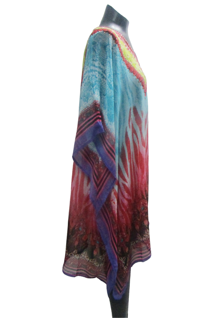Beaded Kaftan in Turquoise Multi Print