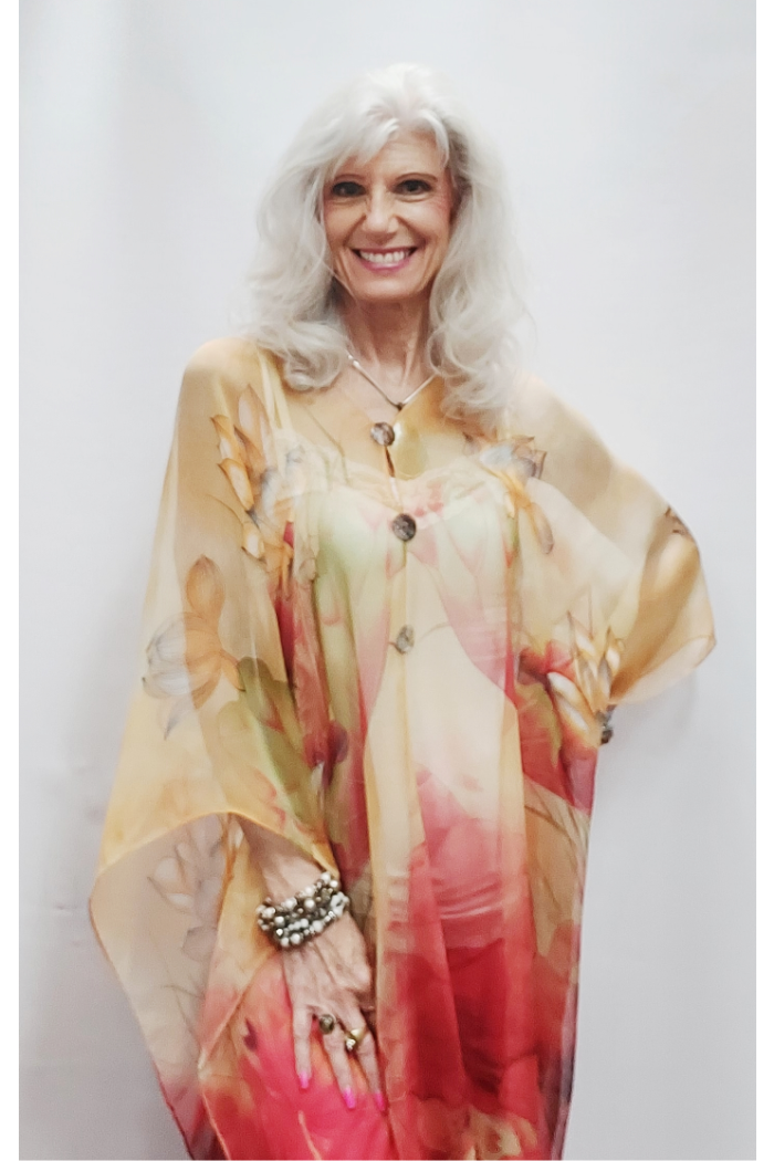 Silky Sheer Poncho - Camel/Red Lotus