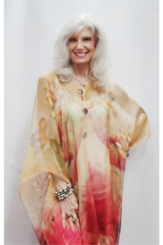 Silky Sheer Poncho - Camel/Red Lotus