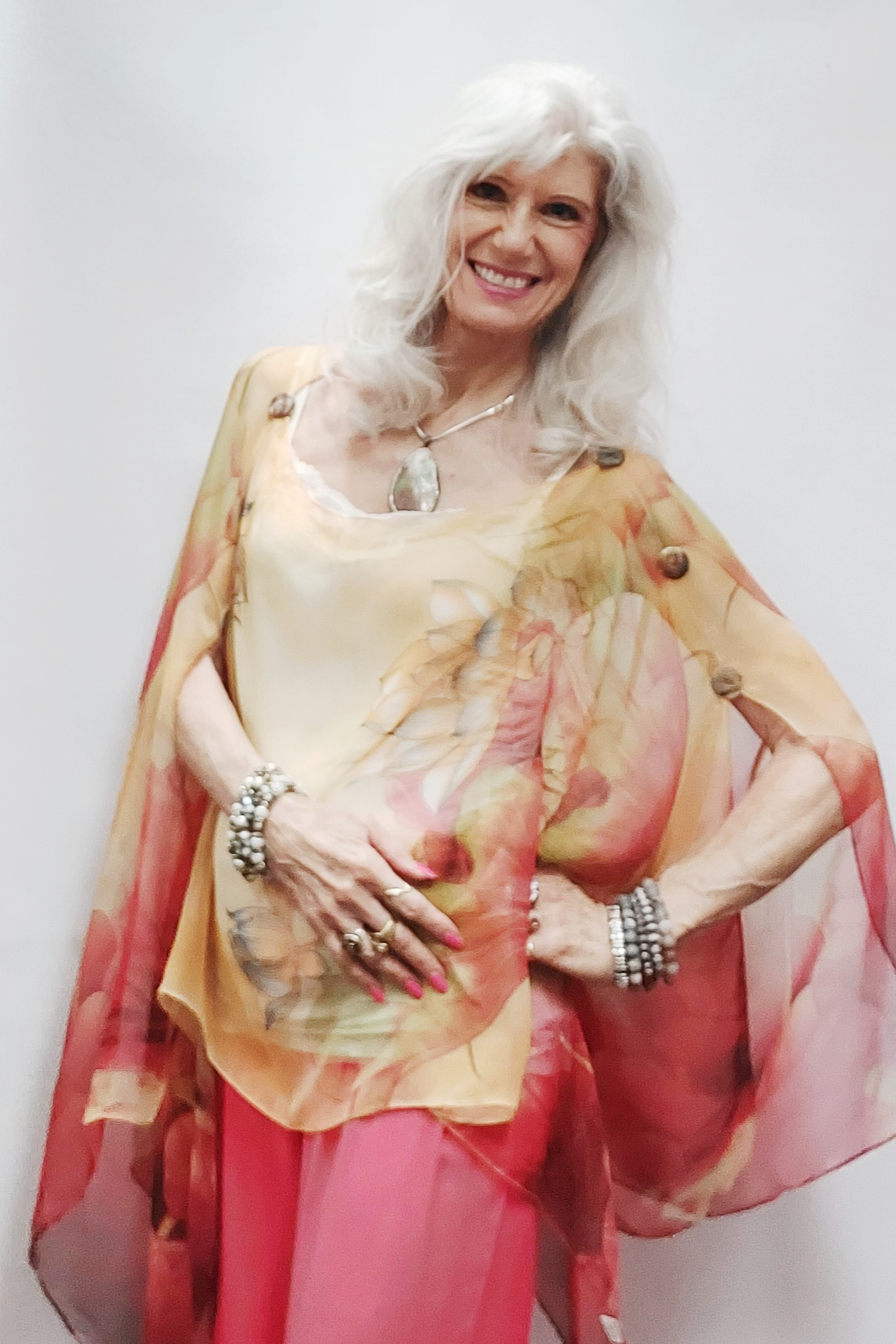 Silky Sheer Poncho - Camel/Red Lotus