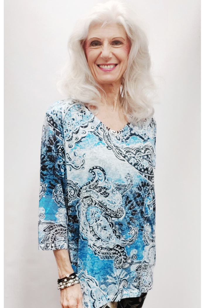 Blue Paisley Rhinestone Detailed Top