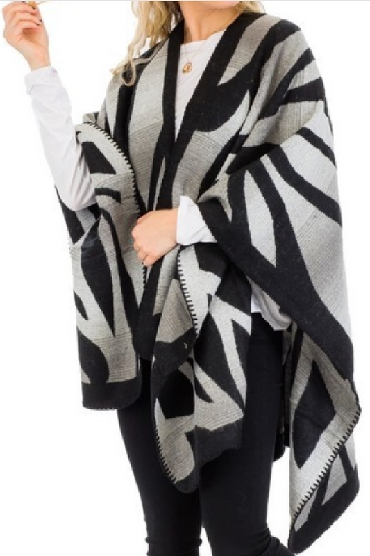 Gray Ombre Dyed Tiger Stripe Ruana Poncho