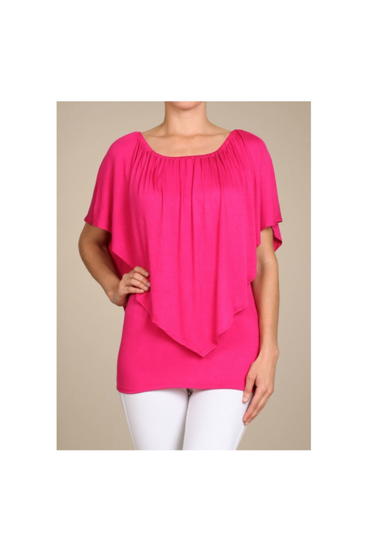 Convertible Elasticized Neckline Top - Fuchsia