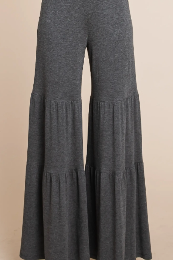 Gray Knit Tiered Ruffle Palazzo Pant