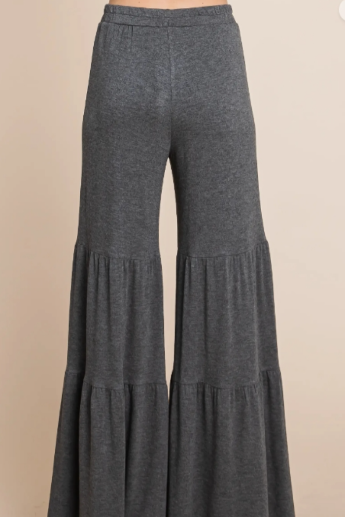 Gray Knit Tiered Ruffle Palazzo Pant