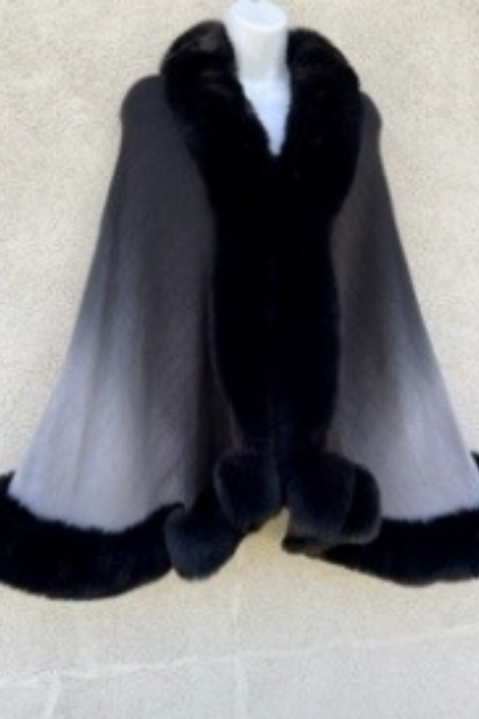 Elegant Black Ombre Faux Fur Trim Cape/Poncho
