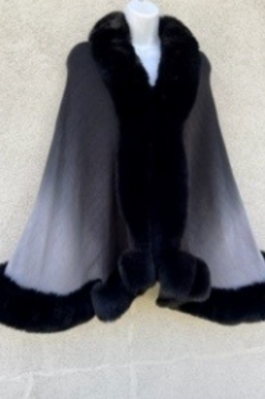 Elegant Black Ombre Faux Fur Trim Cape/Poncho