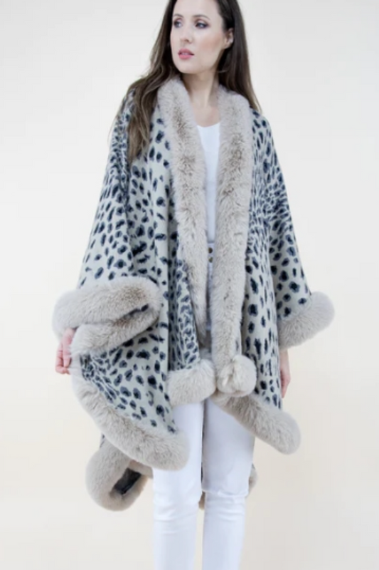 Cheetah Print  Faux Fur Trimmed Cape