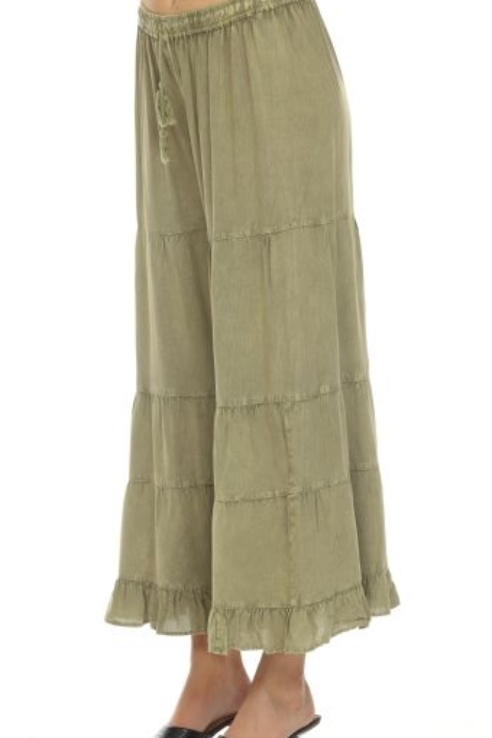 Rayon Tiered Pant in Stone Wash Olive