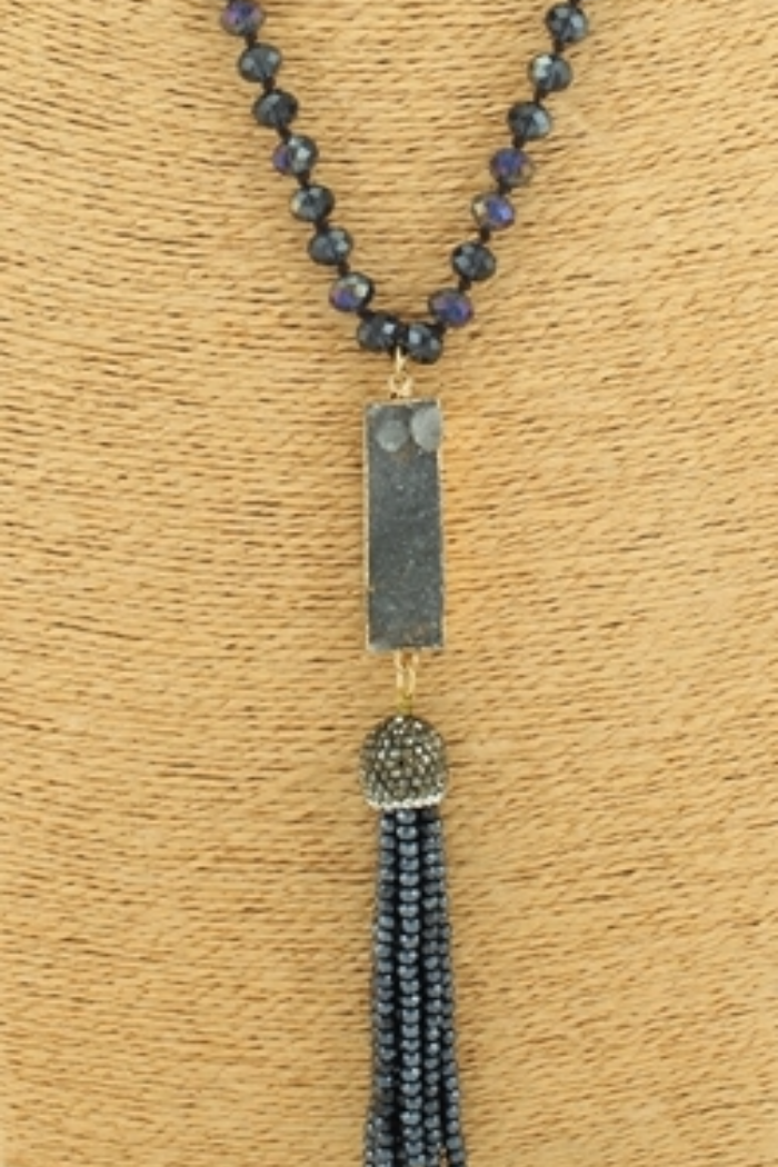 Long Beaded Tassel Druzy Necklace - Charcoal/Hematite