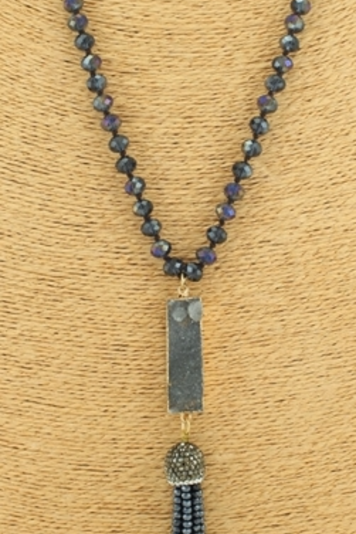Long Beaded Tassel Druzy Necklace - Charcoal/Hematite