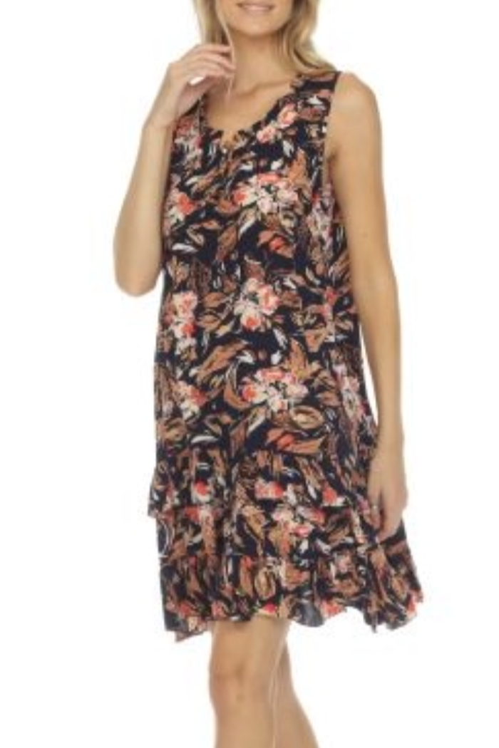 Ruffle Trimmed Sleeveless Dress - Floral on Navy
