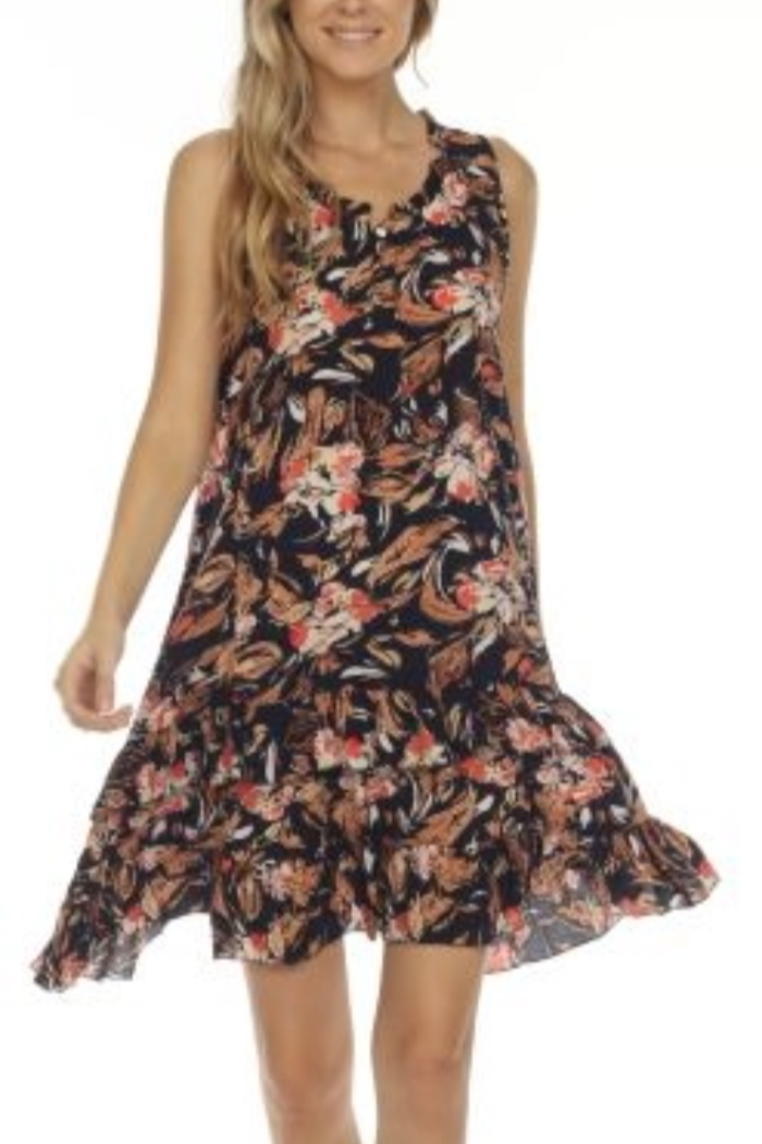 Ruffle Trimmed Sleeveless Dress - Floral on Navy