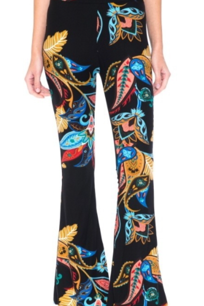 Palazzo Pant - Multi Paisley & Leaf Print on Black